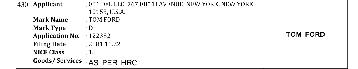 Original bulletin entry for TOM FORD