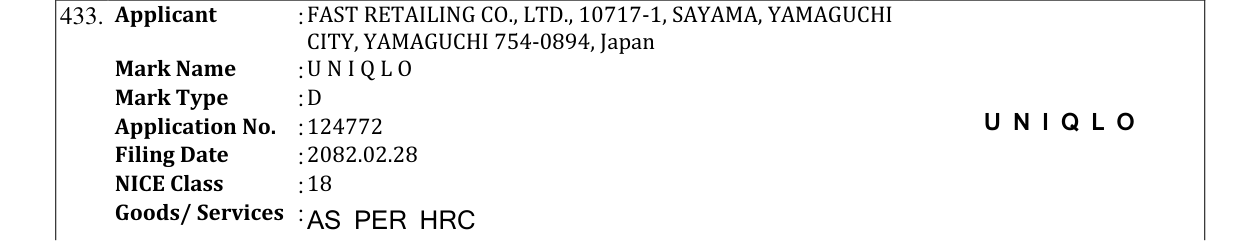 Original bulletin entry for U N I Q L O