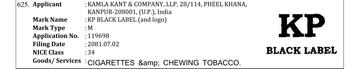 Original bulletin entry for KP BLACK LABEL (and logo)