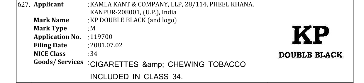 Original bulletin entry for KP DOUBLE BLACK (and logo)