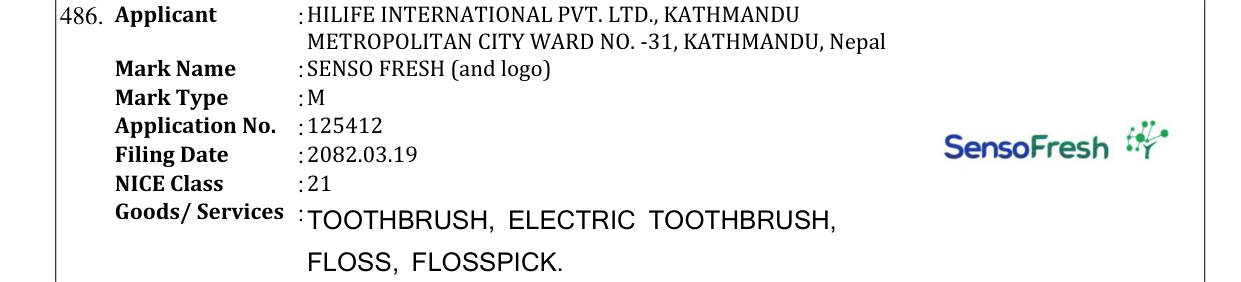Original bulletin entry for SENSO FRESH (and logo)