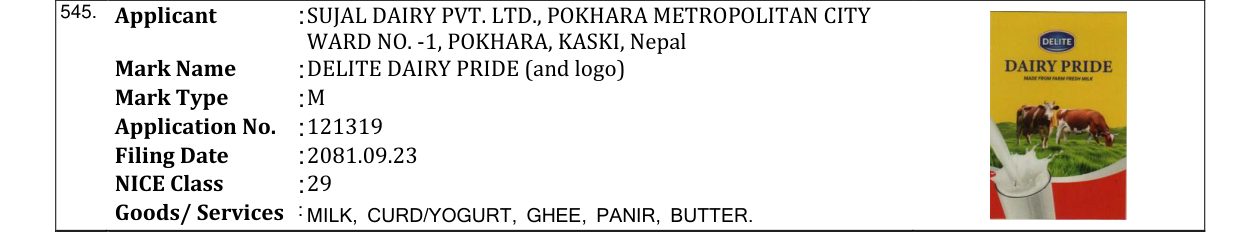 Original bulletin entry for DELITE DAIRY PRIDE (and logo)