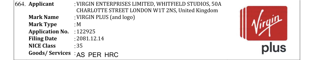 Original bulletin entry for VIRGIN PLUS (and logo)