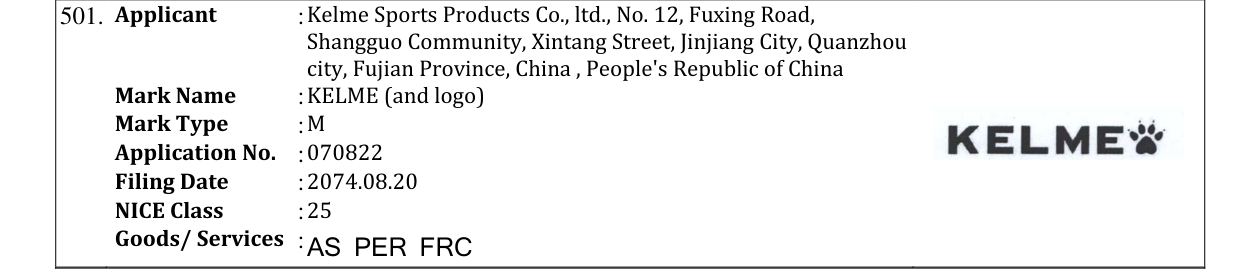 Original bulletin entry for KELME (and logo)
