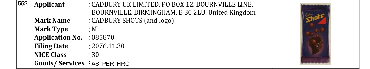 Original bulletin entry for CADBURY SHOTS (and logo)