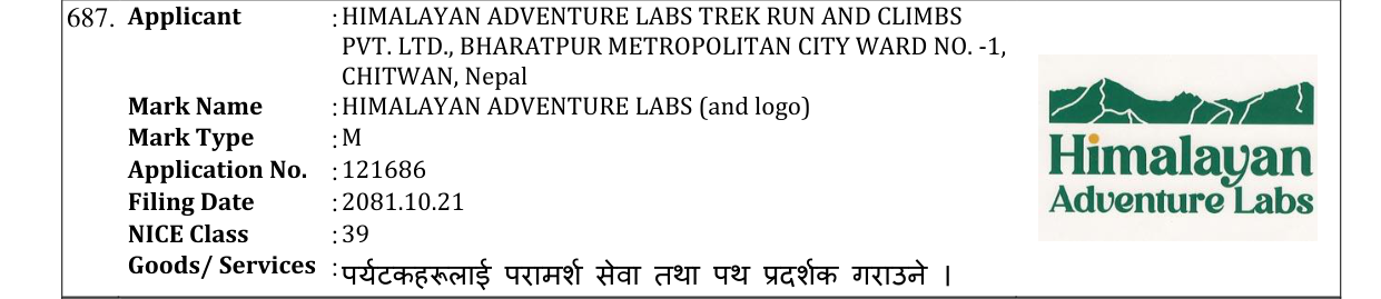 Original bulletin entry for HIMALAYAN ADVENTURE LABS (and logo)