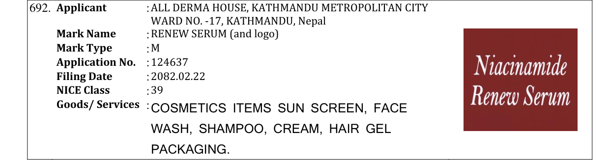 Original bulletin entry for RENEW SERUM (and logo)