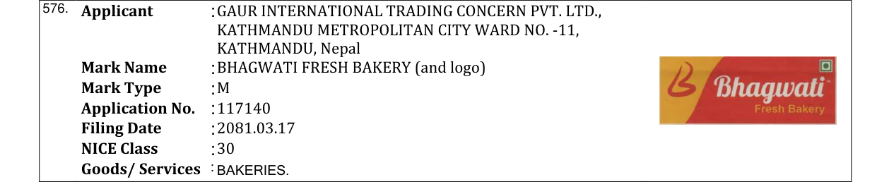 Original bulletin entry for BHAGWATI FRESH BAKERY (and logo)