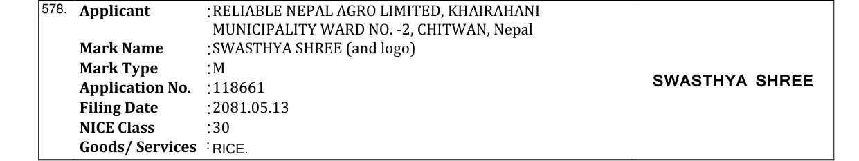 Original bulletin entry for SWASTHYA SHREE (and logo)