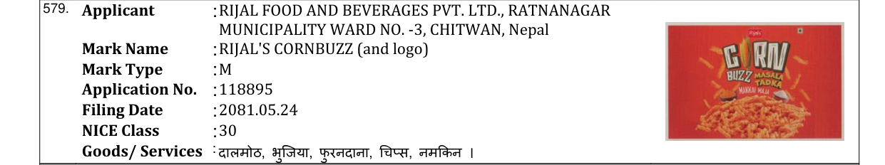 Original bulletin entry for RIJAL'S CORNBUZZ (and logo)