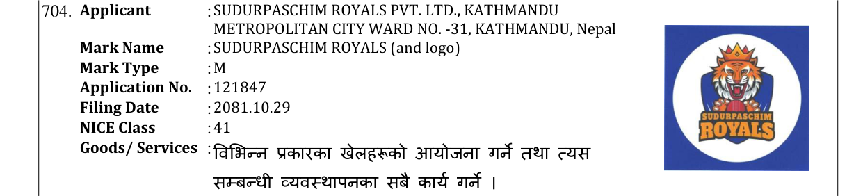 Original bulletin entry for SUDURPASCHIM ROYALS (and logo)