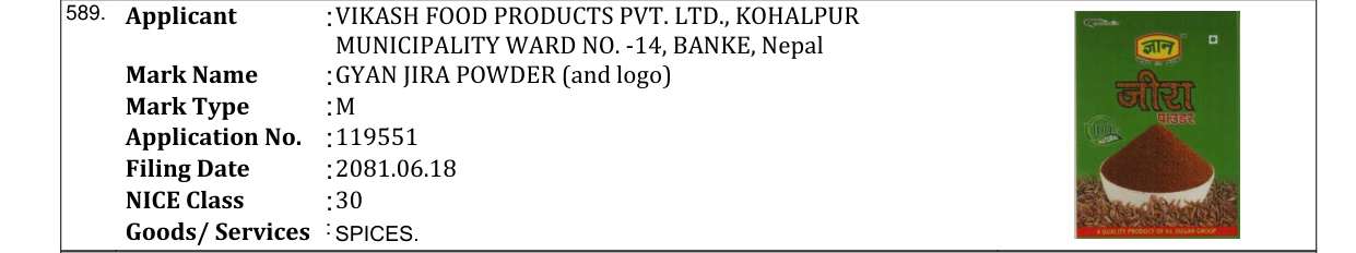 Original bulletin entry for GYAN JIRA POWDER (and logo)