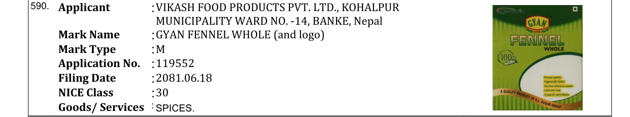 Original bulletin entry for GYAN FENNEL WHOLE (and logo)