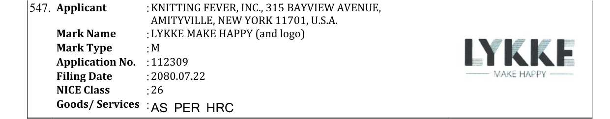 Original bulletin entry for LYKKE MAKE HAPPY (and logo)