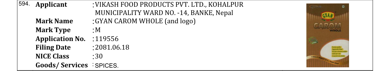 Original bulletin entry for GYAN CAROM WHOLE (and logo)