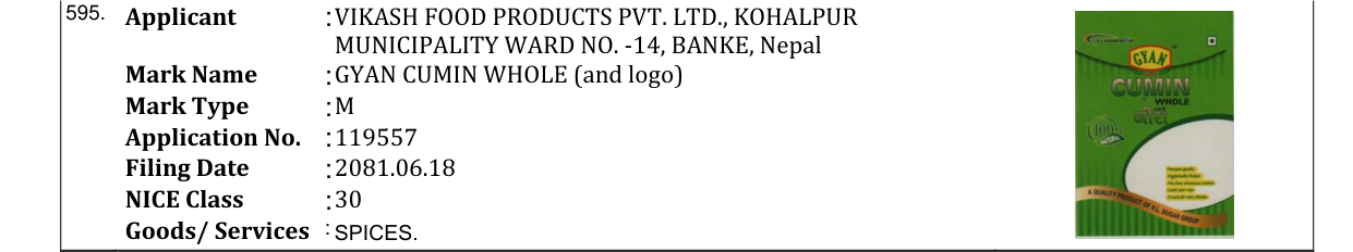 Original bulletin entry for GYAN CUMIN WHOLE (and logo)