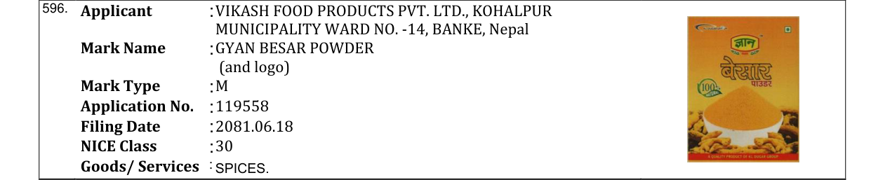 Original bulletin entry for GYAN BESAR POWDER (and logo)