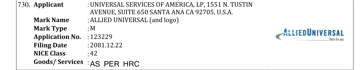 Original bulletin entry for ALLIED UNIVERSAL (and logo)