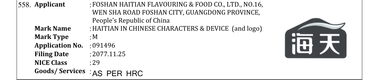 Original bulletin entry for HAITIAN IN CHINESE CHARACTERS & DEVICE (and logo)