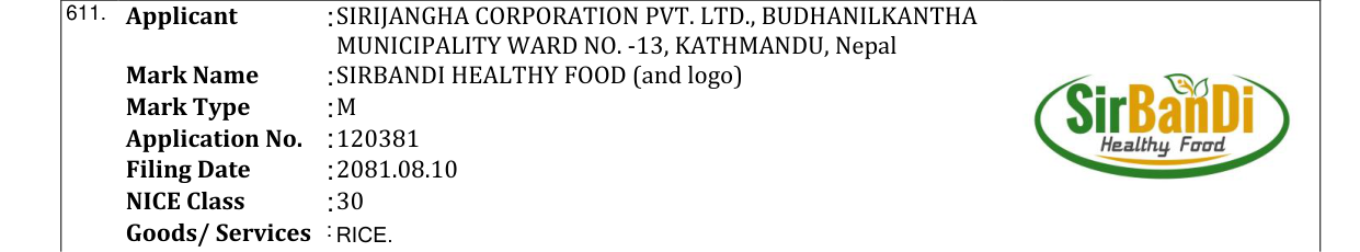 Original bulletin entry for SIRBANDI HEALTHY FOOD (and logo)