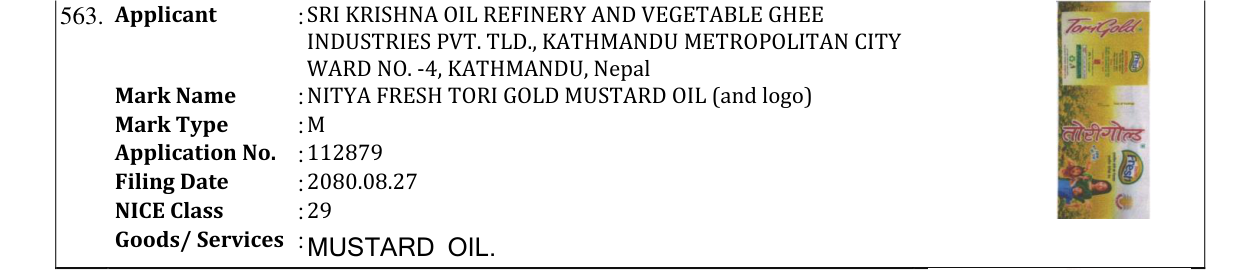 Original bulletin entry for NITYA FRESH TORI GOLD MUSTARD OIL (and logo)