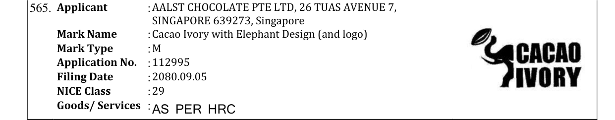Original bulletin entry for Cacao Ivory with Elephant Design (and logo)