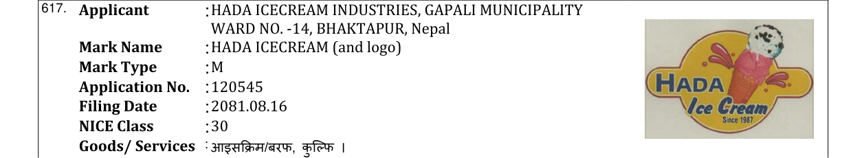 Original bulletin entry for HADA ICECREAM (and logo)