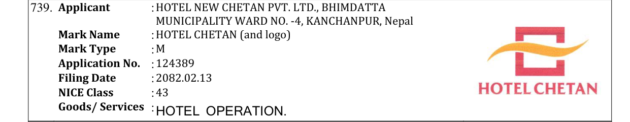 Original bulletin entry for HOTEL CHETAN (and logo)