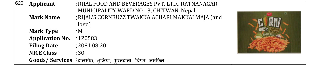 Original bulletin entry for RIJAL'S CORNBUZZ TWAKKA ACHARI MAKKAI MAJA (and logo)