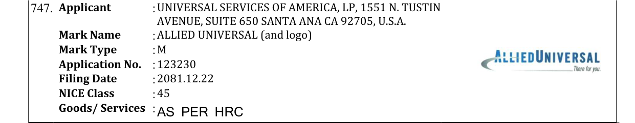 Original bulletin entry for ALLIED UNIVERSAL (and logo)
