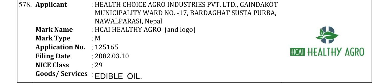 Original bulletin entry for HCAI HEALTHY AGRO (and logo)