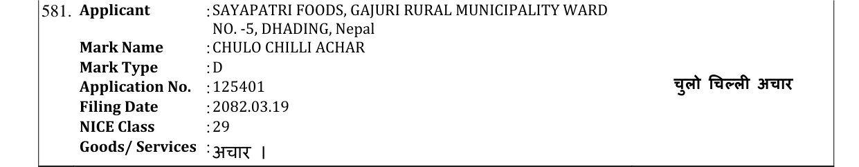 Original bulletin entry for CHULO CHILLI ACHAR