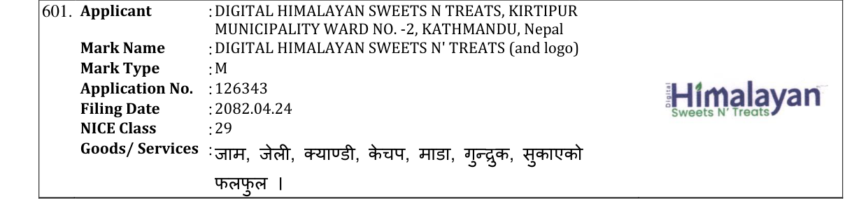 Original bulletin entry for DIGITAL HIMALAYAN SWEETS N' TREATS (and logo)