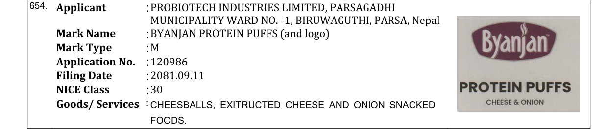 Original bulletin entry for BYANJAN PROTEIN PUFFS (and logo)