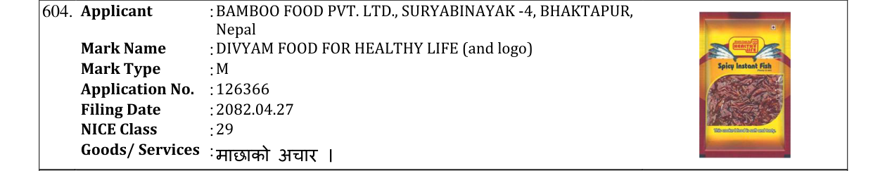 Original bulletin entry for DIVYAM FOOD FOR HEALTHY LIFE (and logo)
