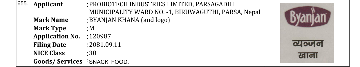 Original bulletin entry for BYANJAN KHANA (and logo)