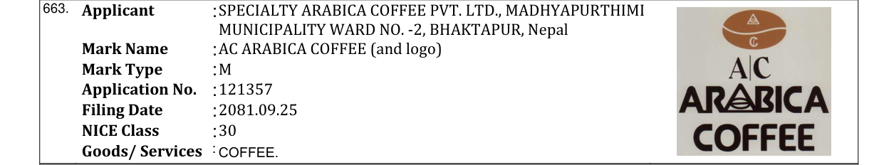 Original bulletin entry for AC ARABICA COFFEE (and logo)