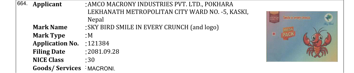 Original bulletin entry for SKY BIRD SMILE IN EVERY CRUNCH (and logo)