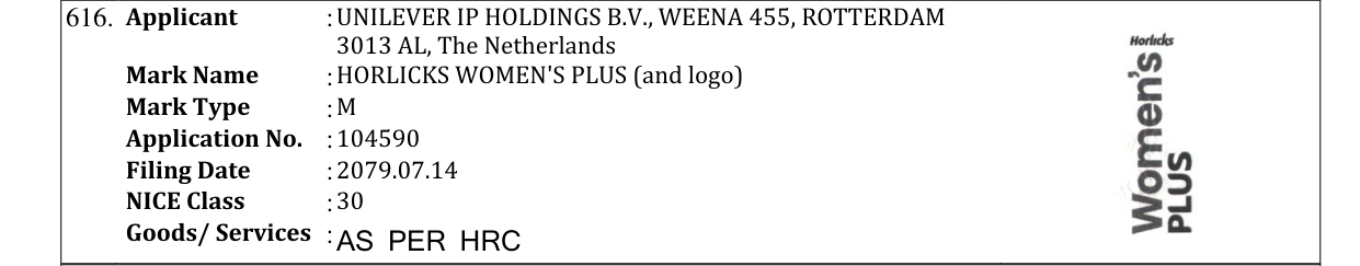 Original bulletin entry for HORLICKS WOMEN'S PLUS (and logo)