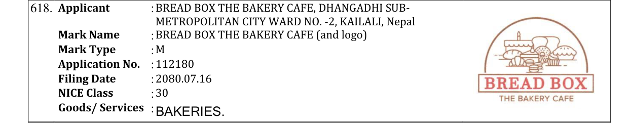 Original bulletin entry for BREAD BOX THE BAKERY CAFE (and logo)