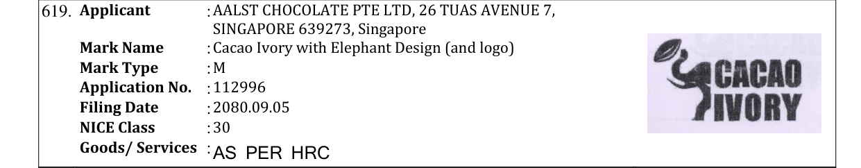 Original bulletin entry for Cacao Ivory with Elephant Design (and logo)