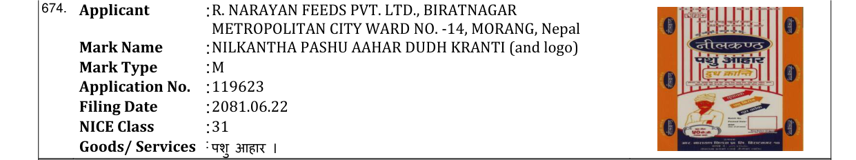 Original bulletin entry for NILKANTHA PASHU AAHAR DUDH KRANTI (and logo)