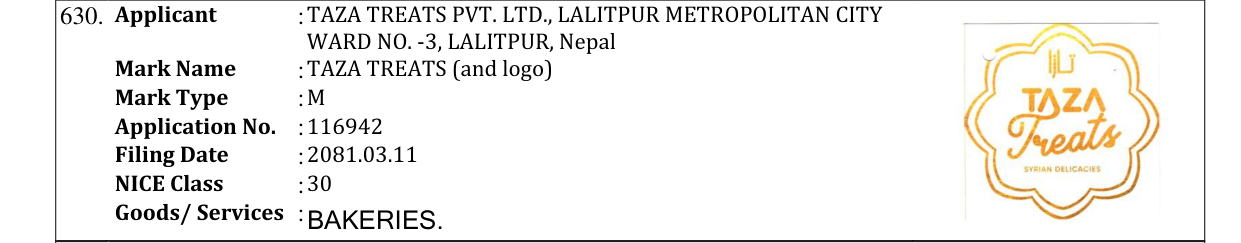 Original bulletin entry for TAZA TREATS (and logo)