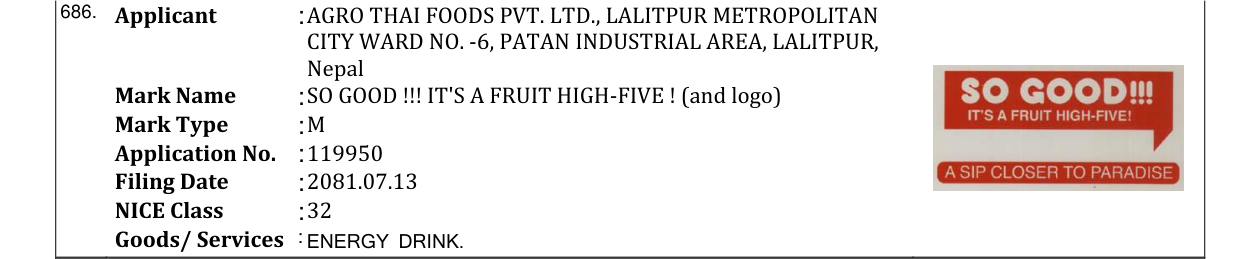 Original bulletin entry for SO GOOD !!! IT'S A FRUIT HIGH-FIVE ! (and logo)