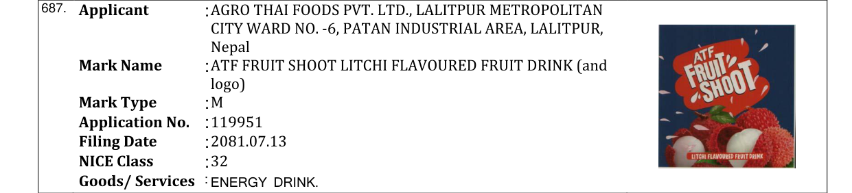 Original bulletin entry for ATF FRUIT SHOOT LITCHI FLAVOURED FRUIT DRINK (and logo)