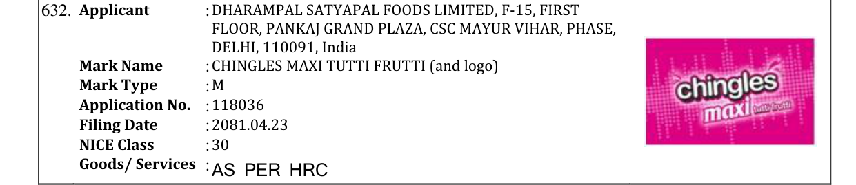 Original bulletin entry for CHINGLES MAXI TUTTI FRUTTI (and logo)
