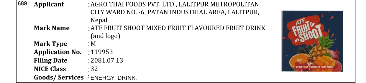 Original bulletin entry for ATF FRUIT SHOOT MIXED FRUIT FLAVOURED FRUIT DRINK (and logo)