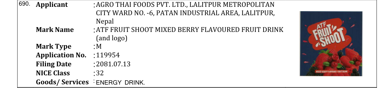 Original bulletin entry for ATF FRUIT SHOOT MIXED BERRY FLAVOURED FRUIT DRINK (and logo)