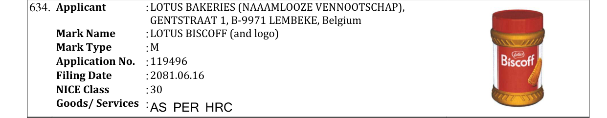 Original bulletin entry for LOTUS BISCOFF (and logo)