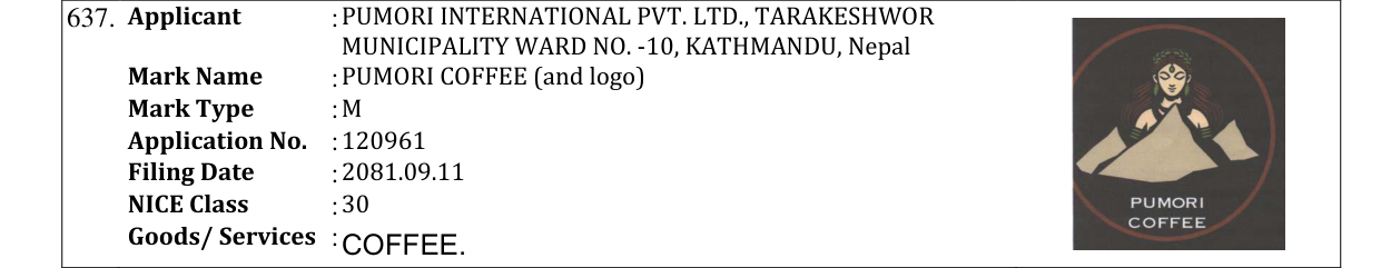 Original bulletin entry for PUMORI COFFEE (and logo)